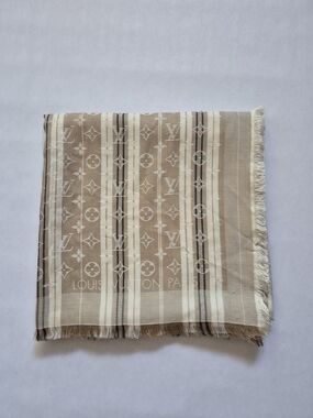 Louis Vuitton Beige Monogram Silk Wool Stripe Scarf 55"